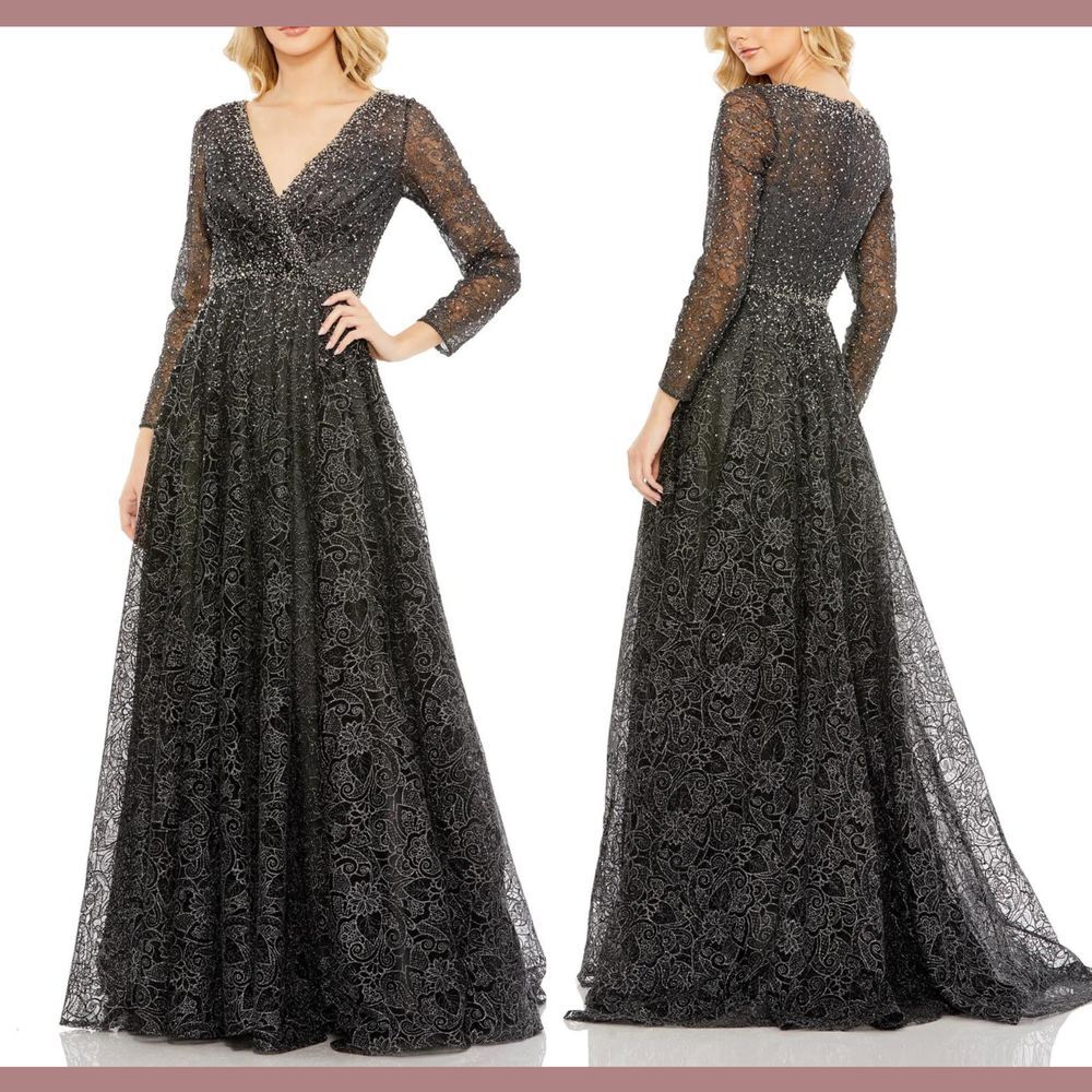 NWT $798 Mac Duggal [ 10 ] Embellished Long Sleeve V Neck Gown in Graphite 20372